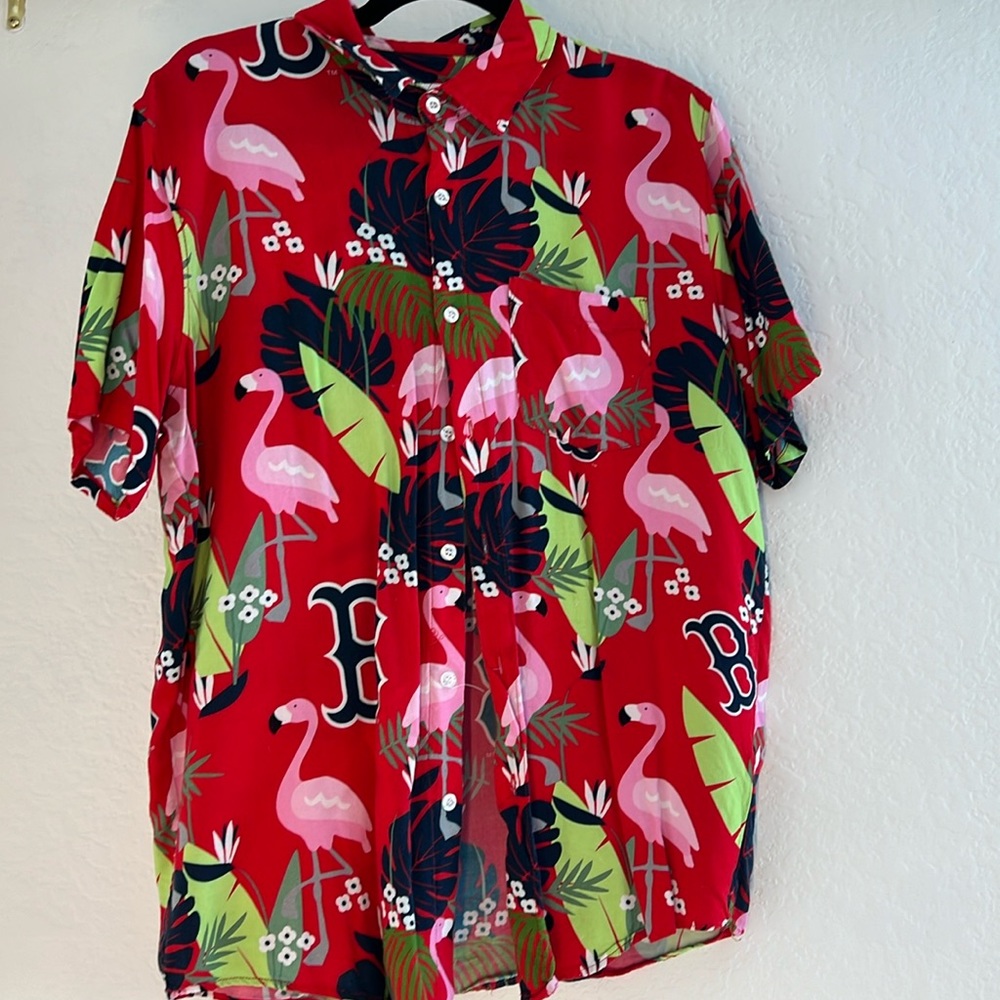 MLB Red Flamingo and Leaf Print Button Down Shirt